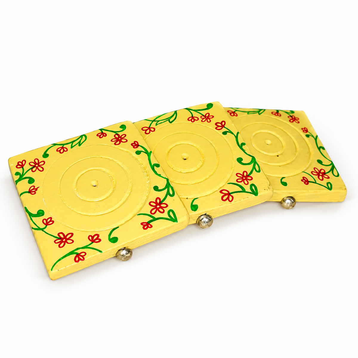 Sthula's Yellow Wooden Floral Tea Hut Coaster Set