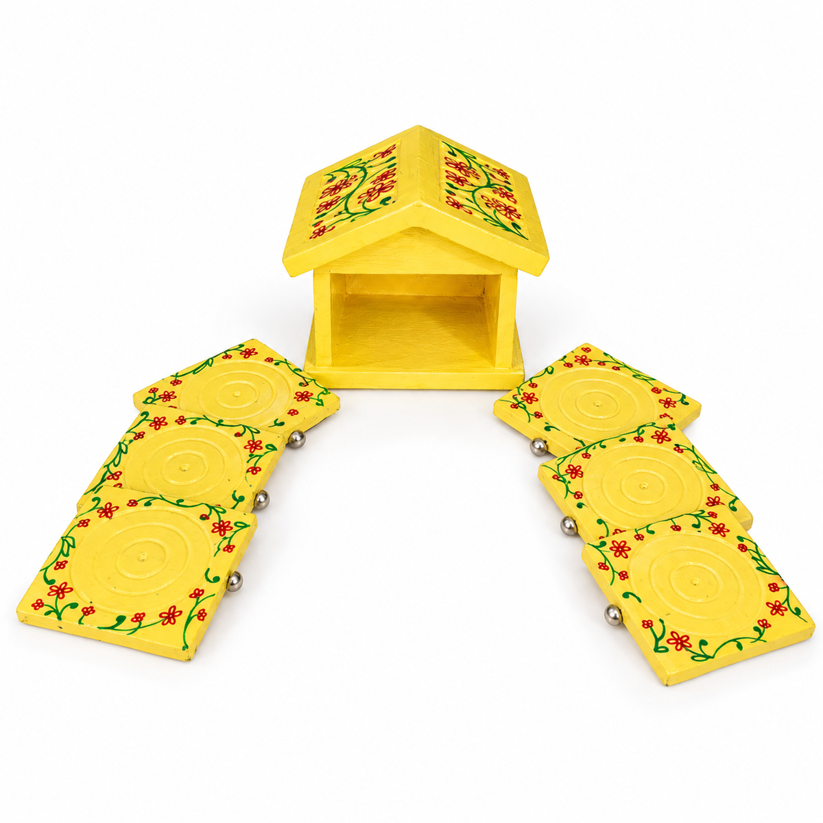 Sthula's Yellow Wooden Floral Tea Hut Coaster Set