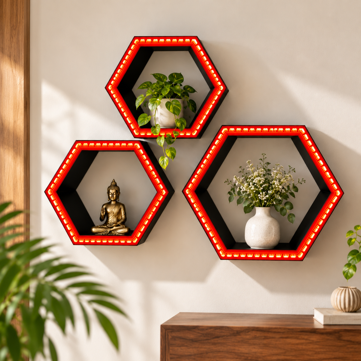 Sthula's Red Black Wooden Hexagon Wall Shelf Set