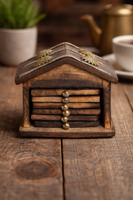 Sthula's Handcrafted Brown Wooden Coaster Set with House Holder