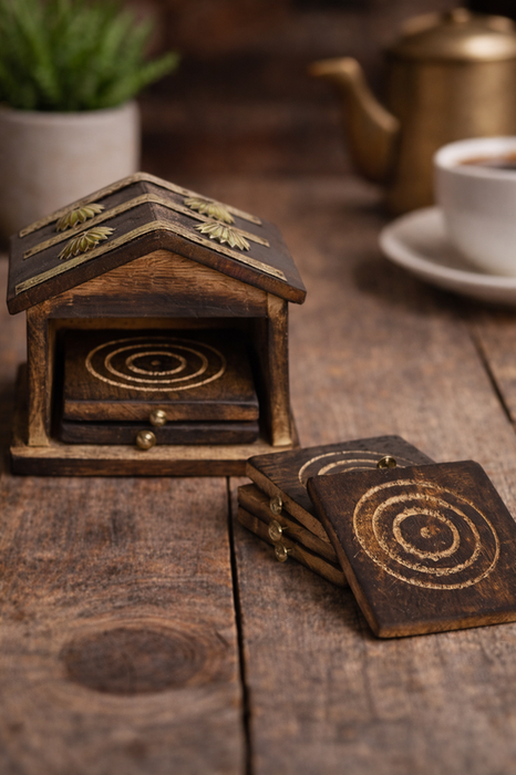 Sthula's Handcrafted Brown Wooden Coaster Set with House Holder