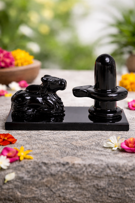 Sthula's Handcrafted Black Shivling with Nandi Idol