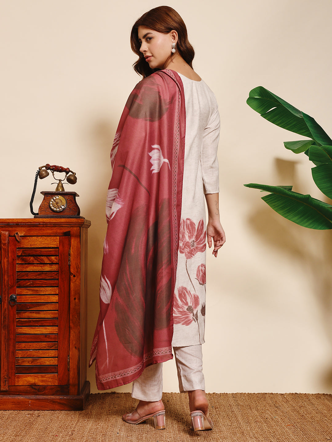 Sthula's Off White Floral Kurta Set with Wine Dupatta