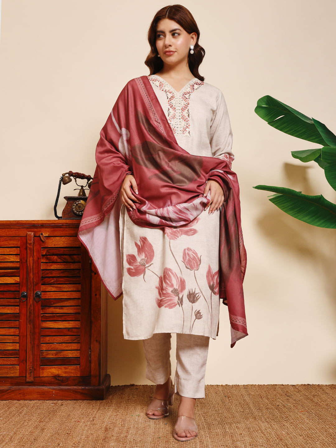 Sthula's Off White Floral Kurta Set with Wine Dupatta