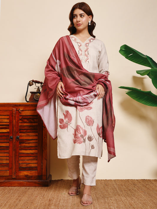 Sthula's Off White Floral Kurta Set with Wine Dupatta