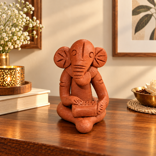 Sthula's Handmade Terracotta Orange Elephant Musician Showpiece