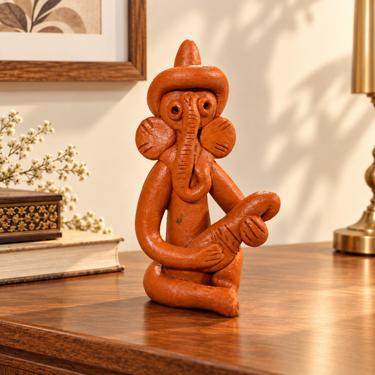 Sthula's Handmade Terracotta Orange Dancing Ganesha Showpiece