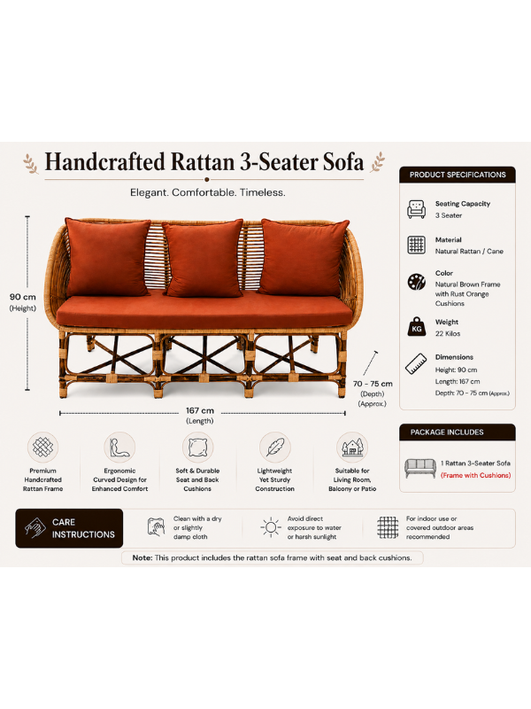 Sthula's Handmade Rattan 3 Seater Sofa – Brown Color