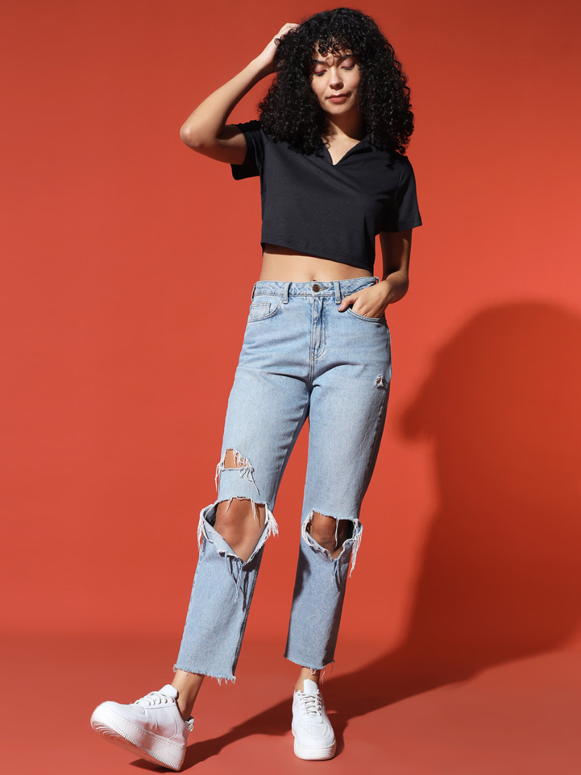 Sthula's Women Black Ribbed Solid Cotton Collar Crop Top