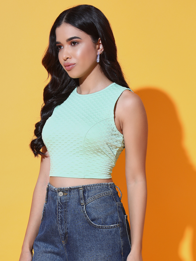 Sthula's Women Parrot Green Solid Viscose Back Tie Crop Top