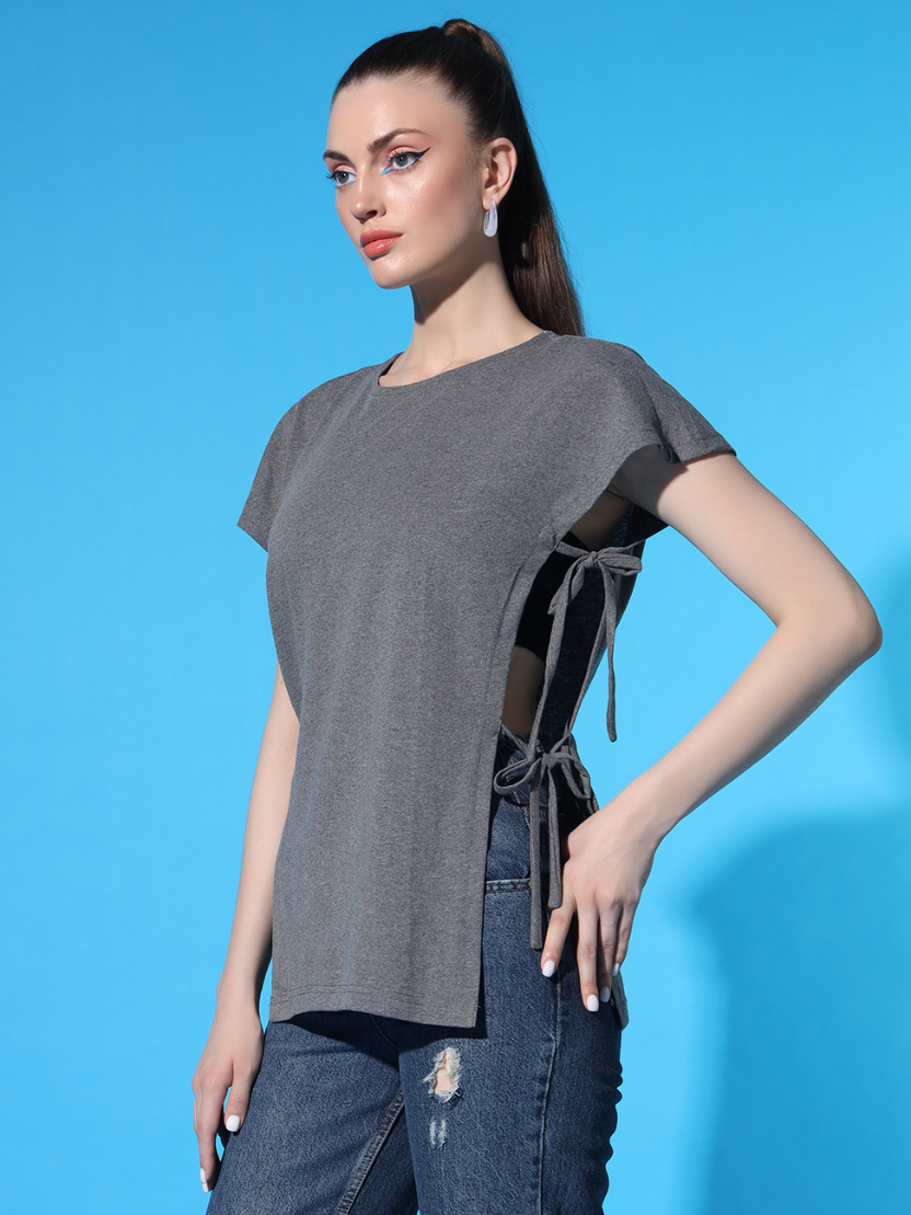 Sthula's Women Grey Solid Cotton Side Cut Top