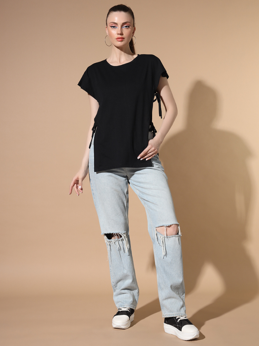 Sthula's Women Black Solid Cotton Side Cut Top