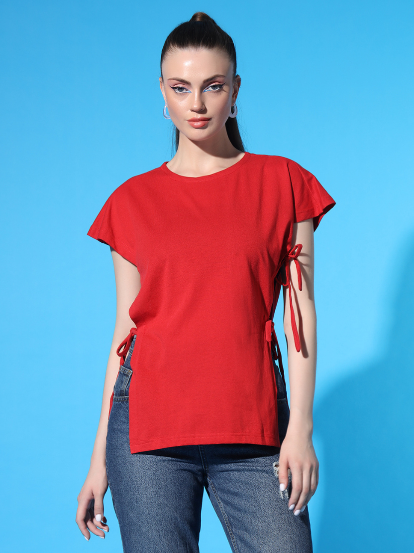 Sthula's Women Red Solid Cotton Side Cut Top