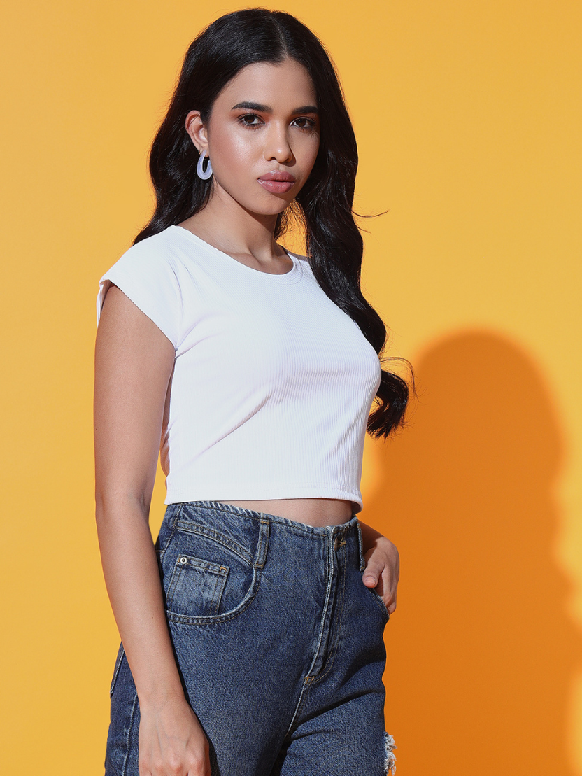 Sthula's Women White lining Solid Cotton Crop Top