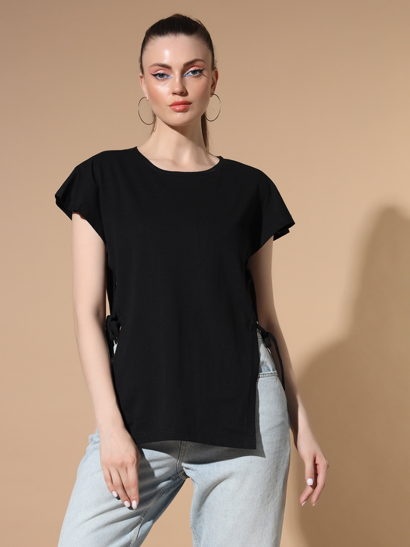 Sthula's Women Black Solid Cotton Side Cut Top
