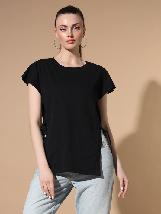 Sthula's Women Black Solid Cotton Side Cut Top