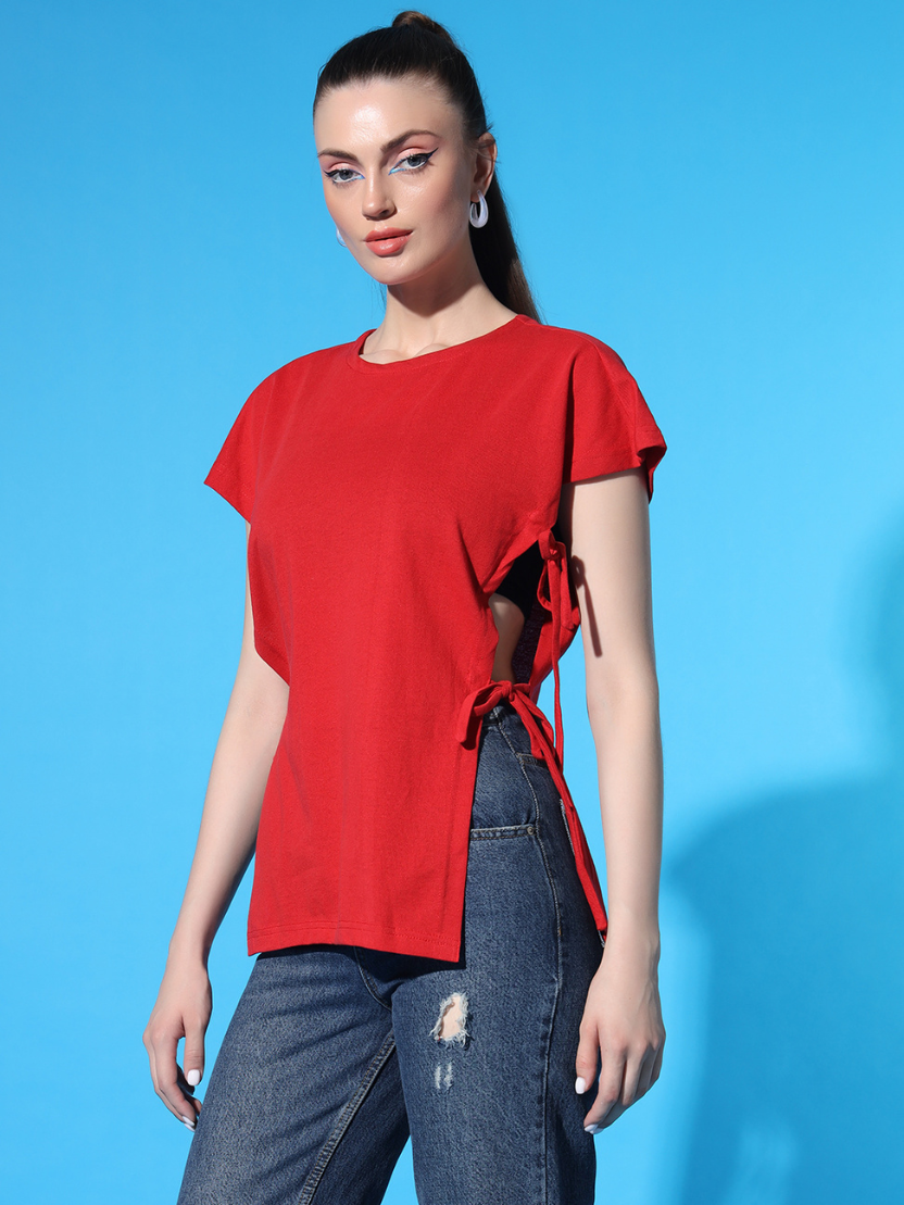 Sthula's Women Red Solid Cotton Side Cut Top