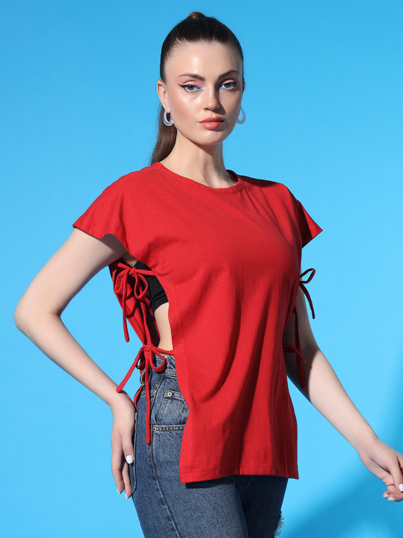 Sthula's Women Red Solid Cotton Side Cut Top