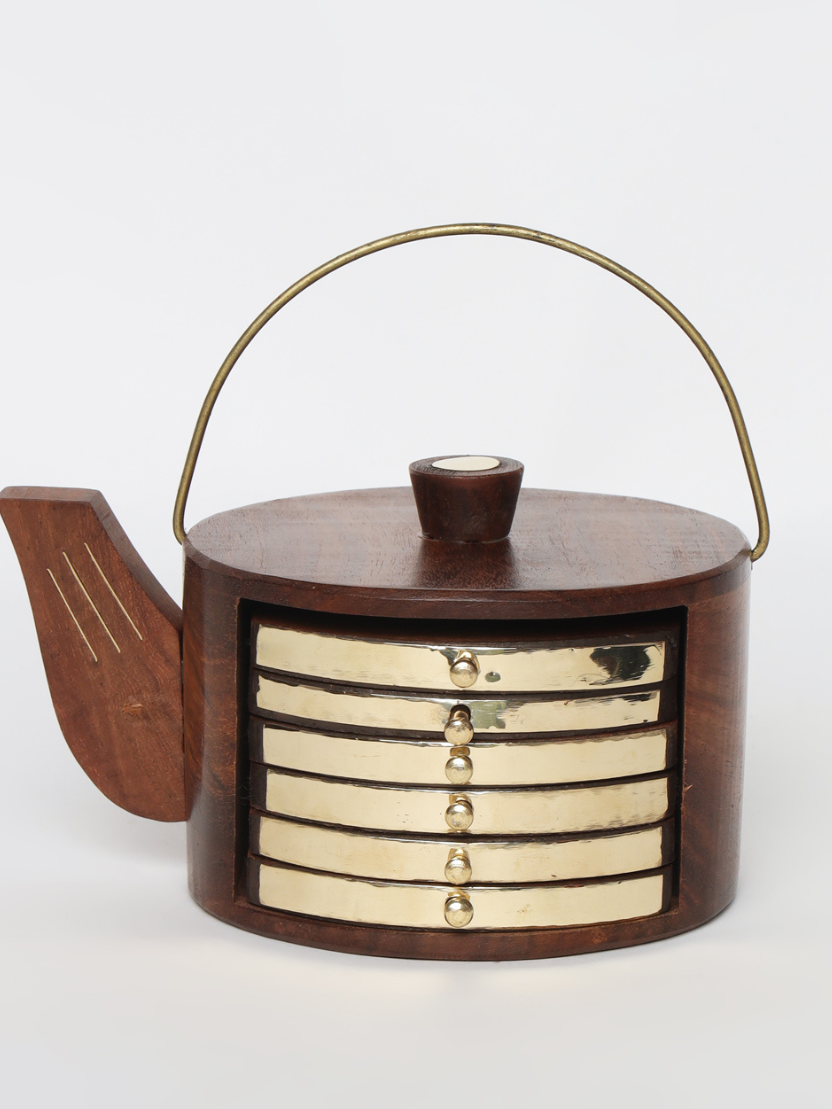 Sthula's Handcrafted Brown Wooden Coaster Set with Kettle Holder