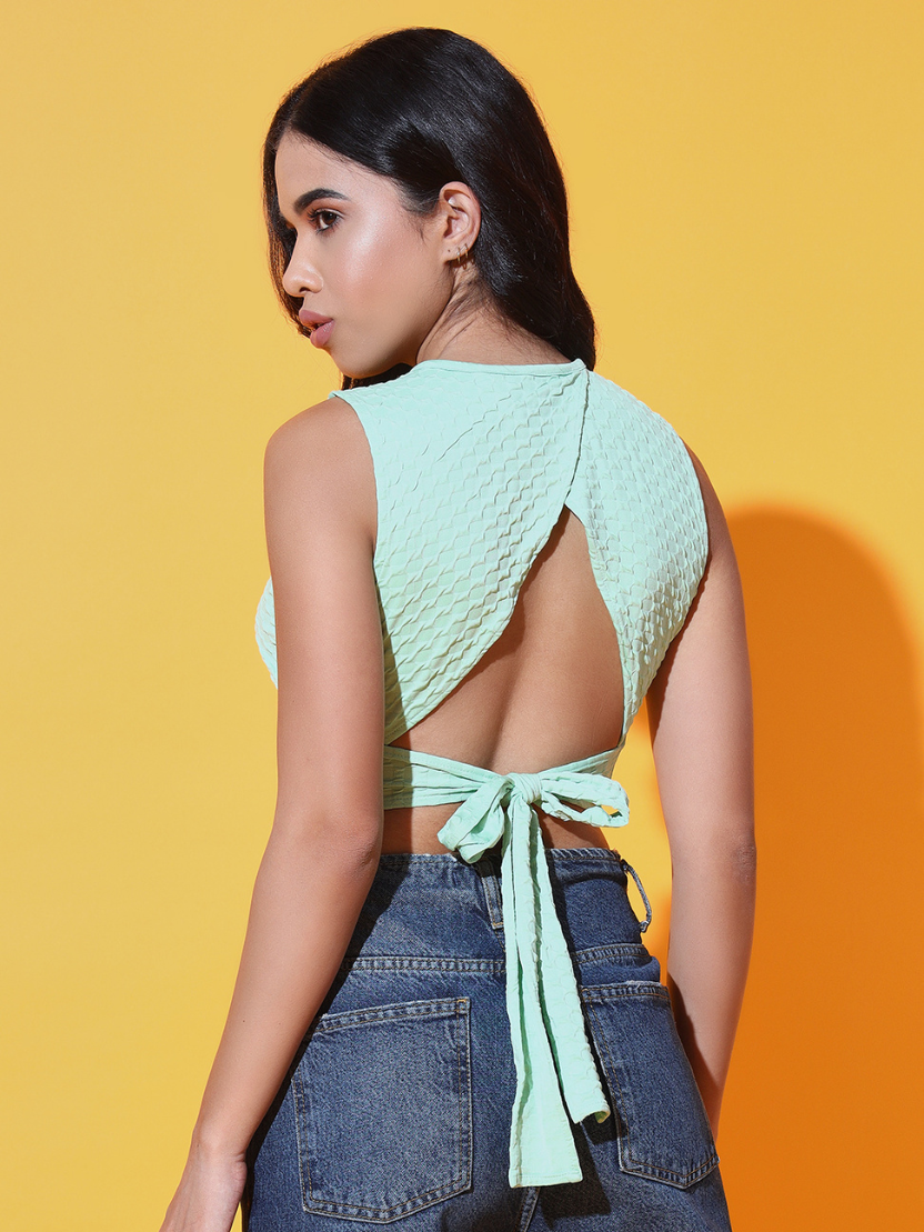 Sthula's Women Parrot Green Solid Viscose Back Tie Crop Top