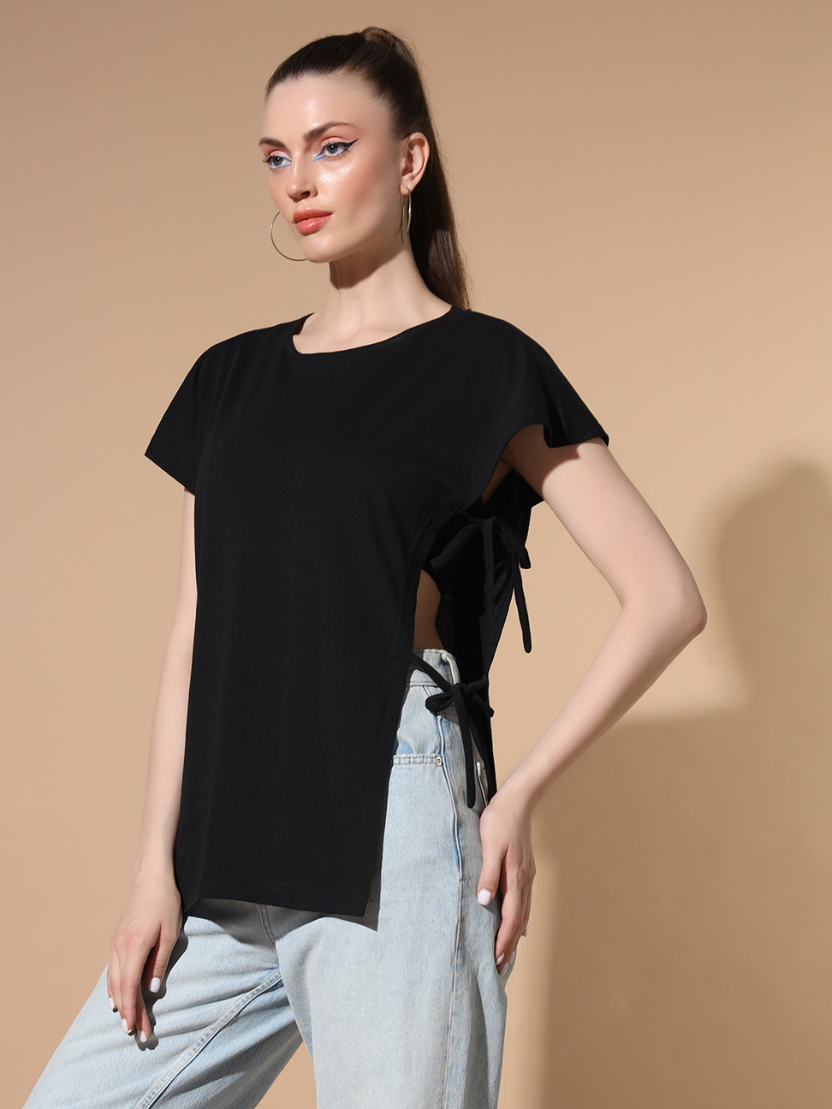 Sthula's Women Black Solid Cotton Side Cut Top