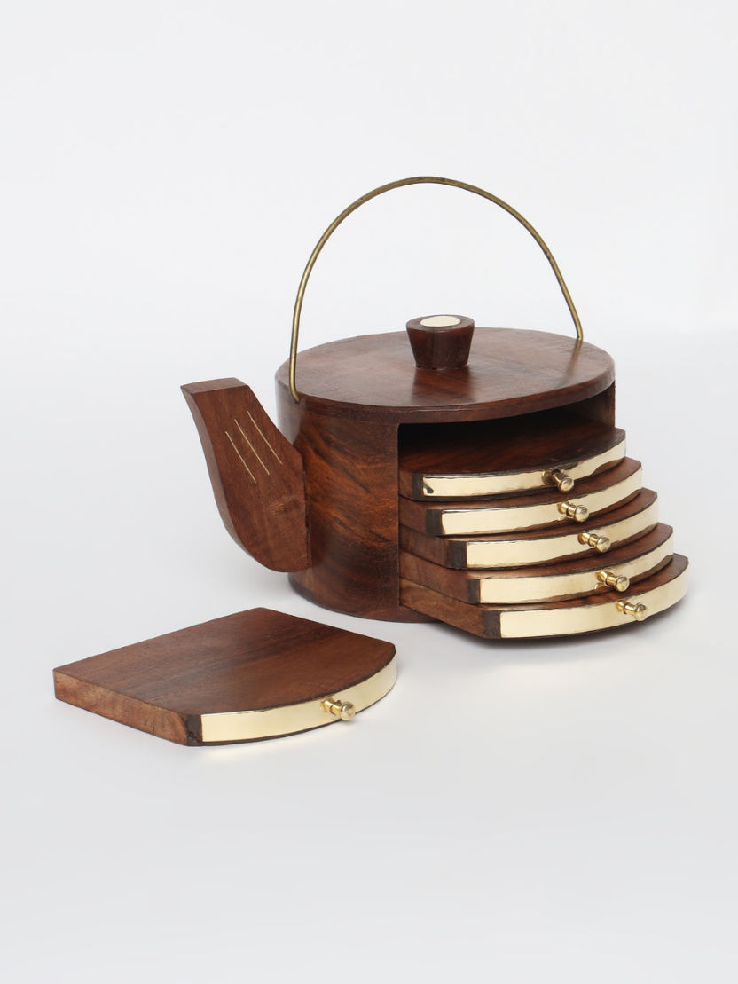 Sthula's Handcrafted Brown Wooden Coaster Set with Kettle Holder