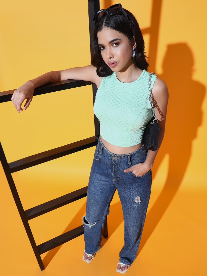 Sthula's Women Parrot Green Solid Viscose Back Tie Crop Top