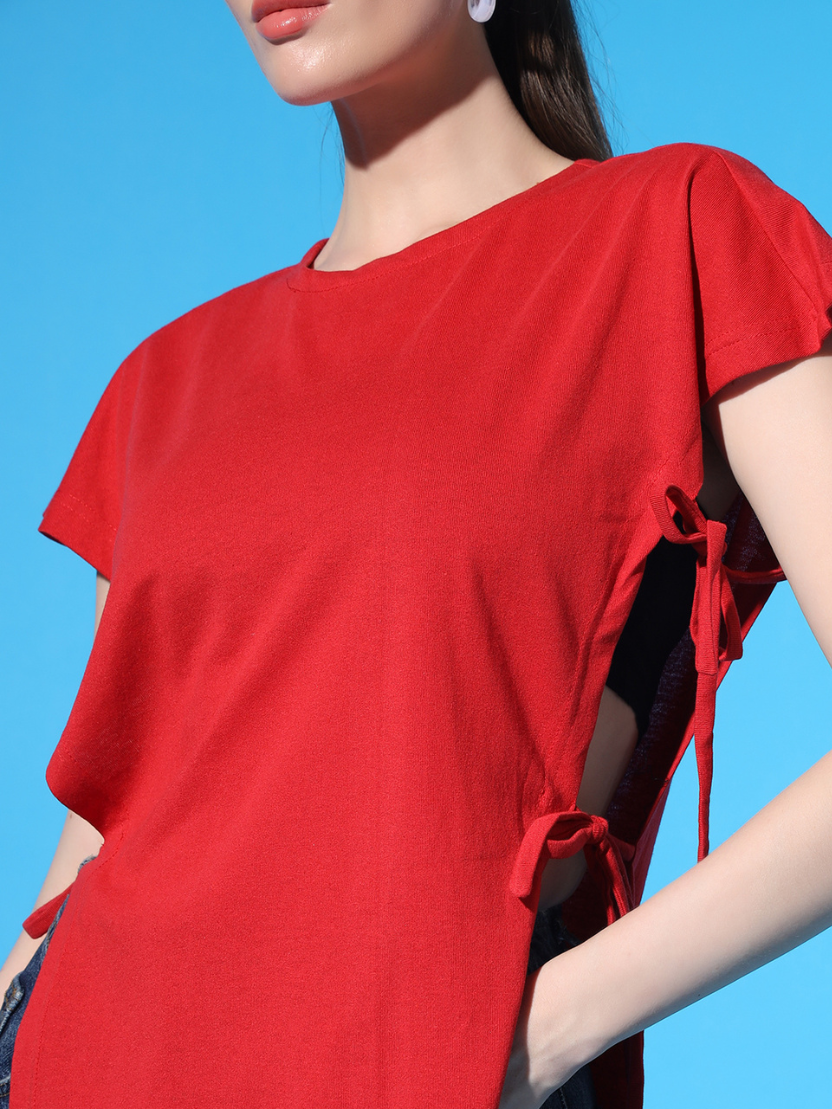 Sthula's Women Red Solid Cotton Side Cut Top