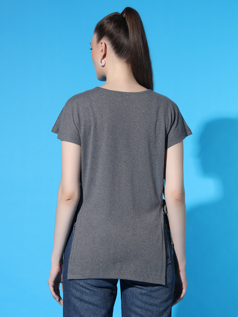 Sthula's Women Grey Solid Cotton Side Cut Top