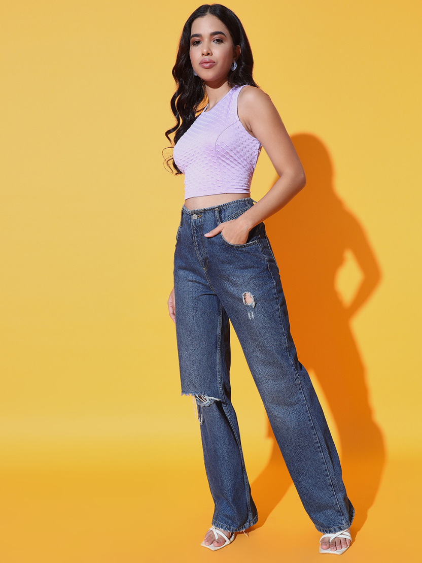 Sthula's Women Lavender Solid Viscose Back Tie Crop Top
