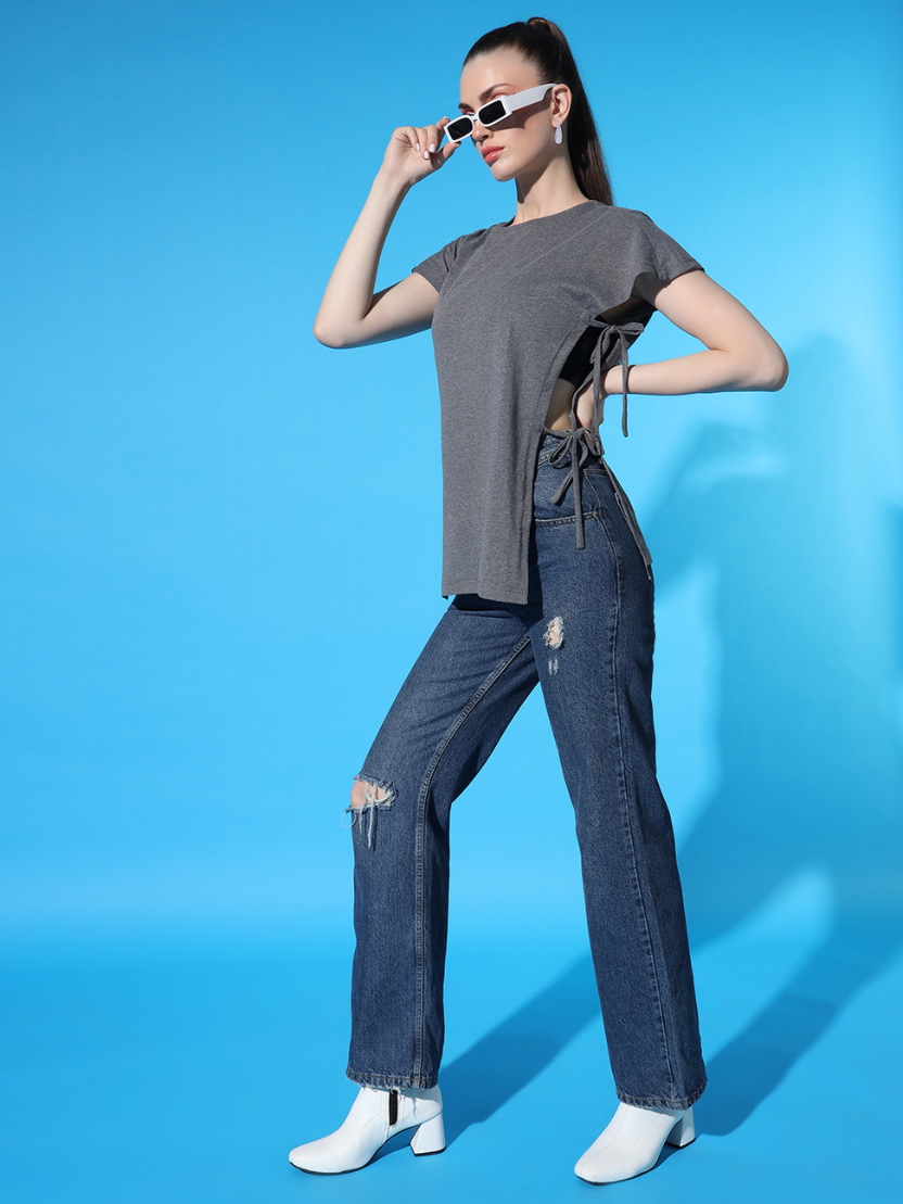 Sthula's Women Grey Solid Cotton Side Cut Top