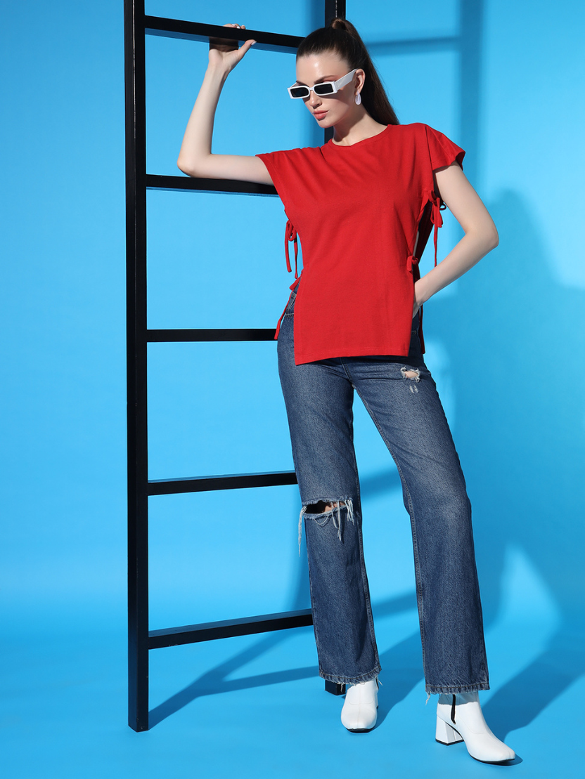 Sthula's Women Red Solid Cotton Side Cut Top