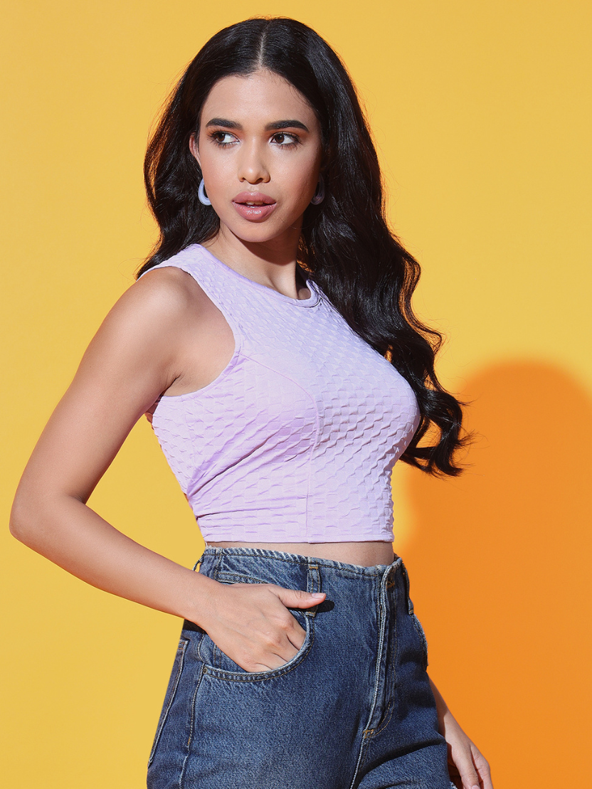 Sthula's Women Lavender Solid Viscose Back Tie Crop Top