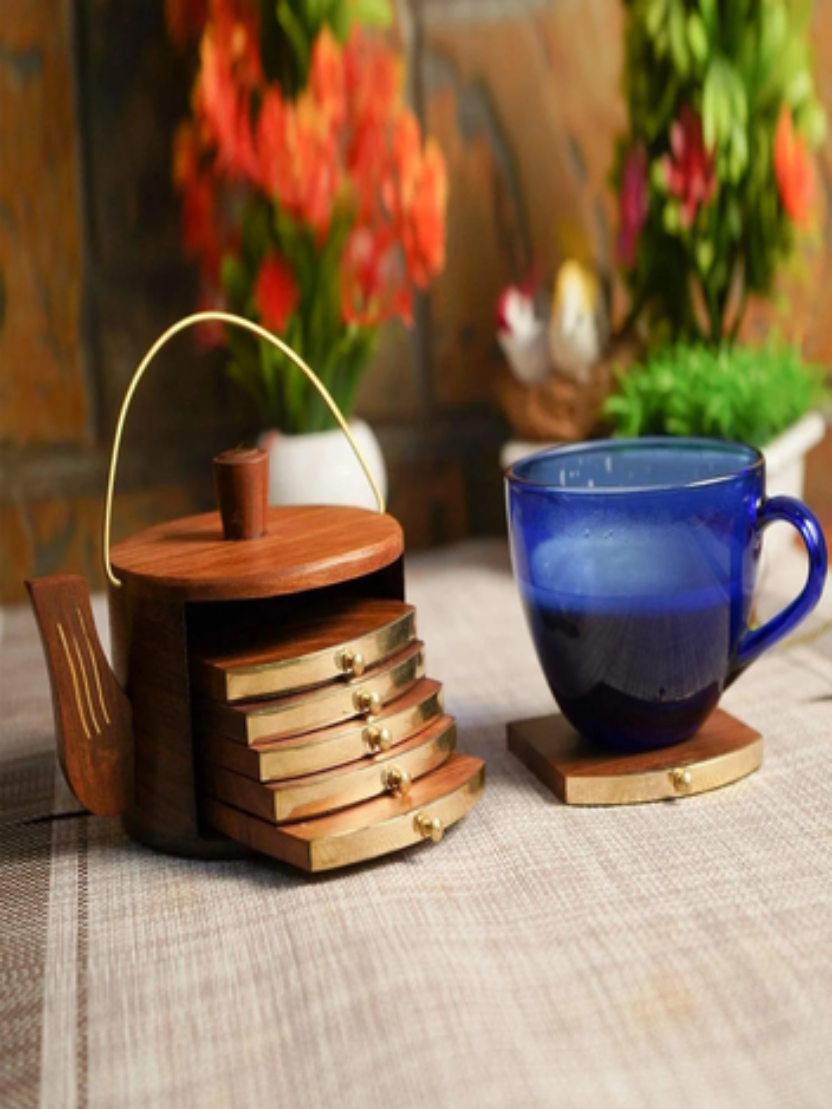 Sthula's Handcrafted Brown Wooden Coaster Set with Kettle Holder