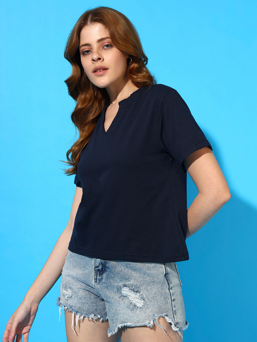 Sthula's Navy Blue Cotton V-Neck Crop Top for Women