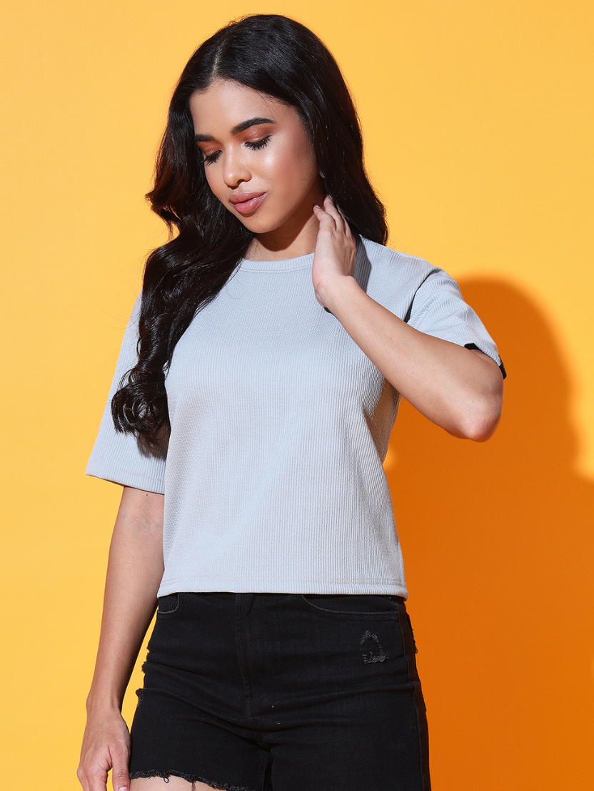 Sthula's Women Light Grey Ribbed Solid Cotton Crop Top