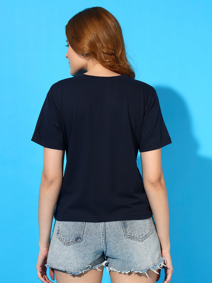 Sthula's Navy Blue Cotton V-Neck Crop Top for Women