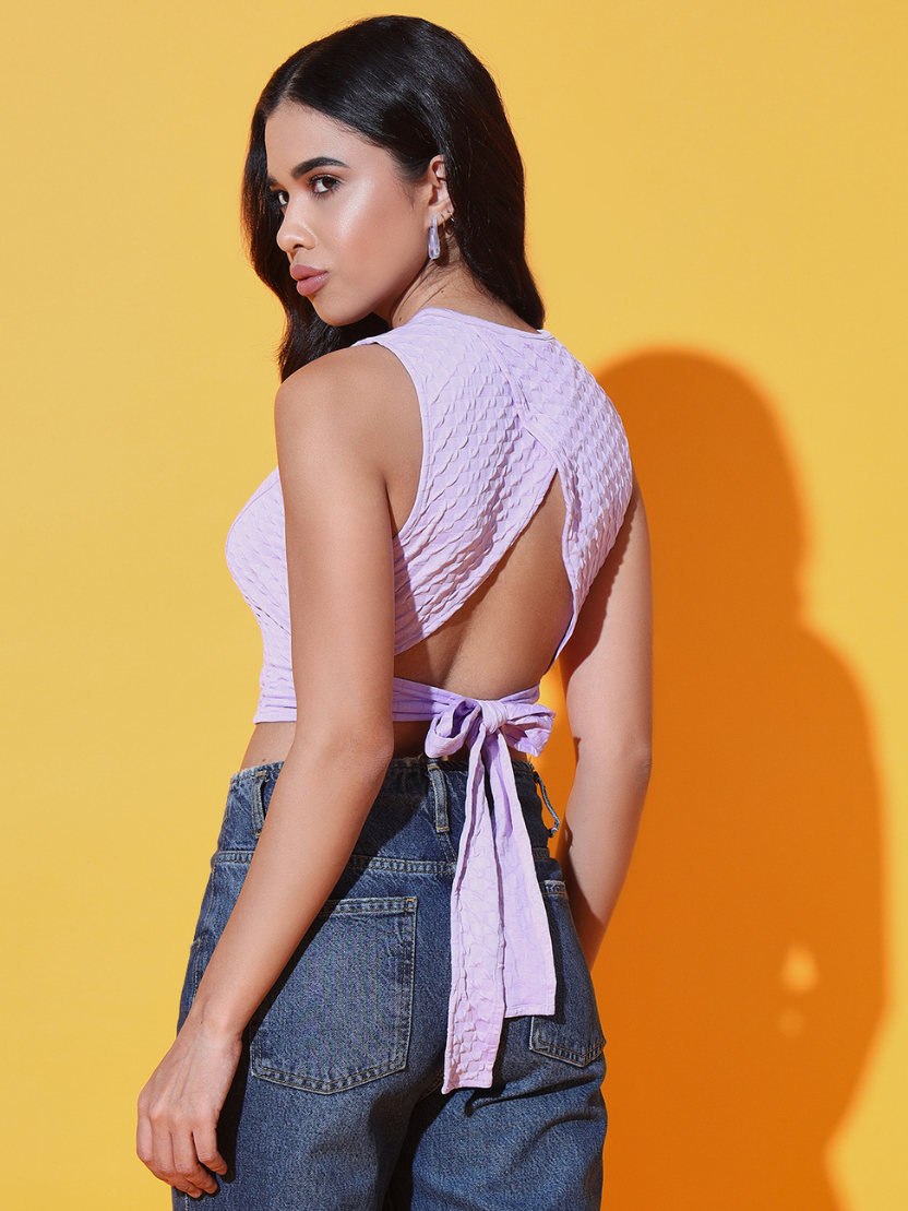Sthula's Women Lavender Solid Viscose Back Tie Crop Top
