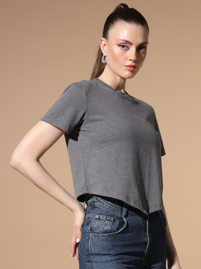 Sthula's Grey Cotton V-Style T-Shirt for Women