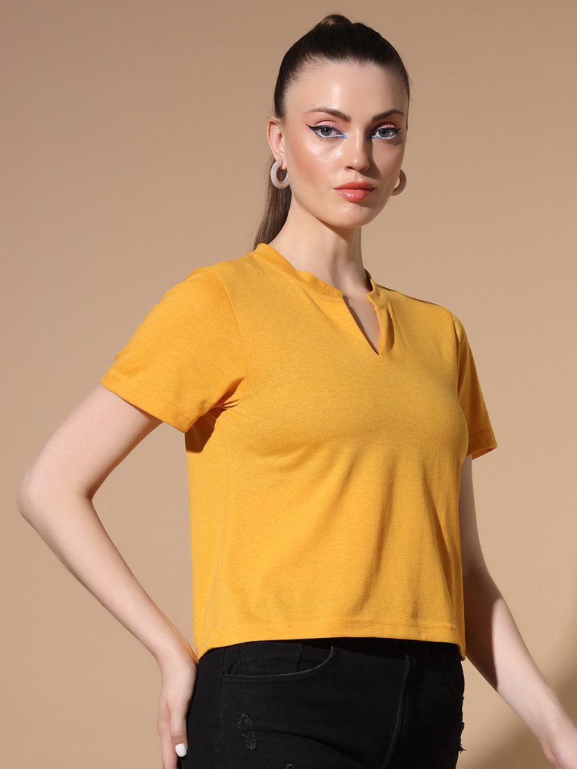 Sthula's Yellow Cotton V-Neck Crop Top for Women