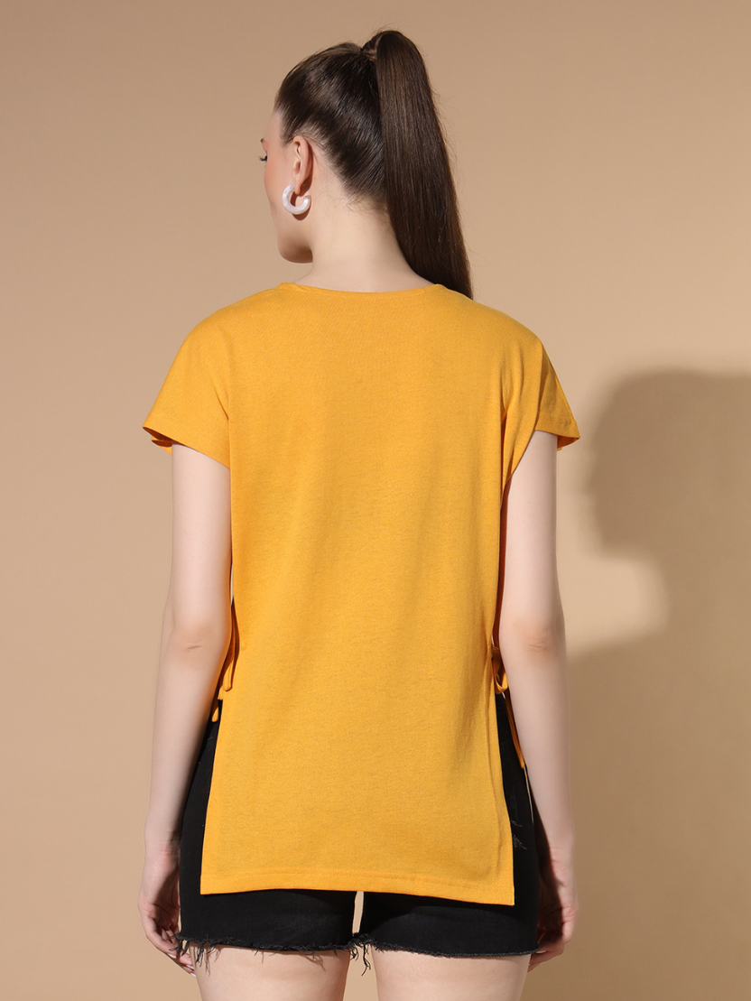 Sthula's Women Yellow Solid Cotton Side Cut Top