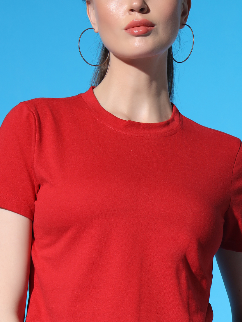 Sthula's Red Cotton V-Style T-Shirt for Women