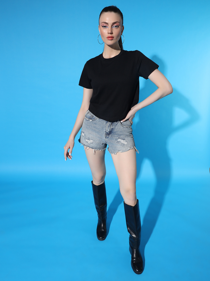 Sthula's Black V-Style Cotton T-Shirt for Women