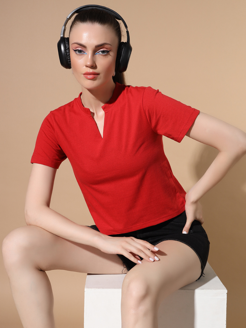 Sthula's Red Cotton V-Neck Crop Top for Women