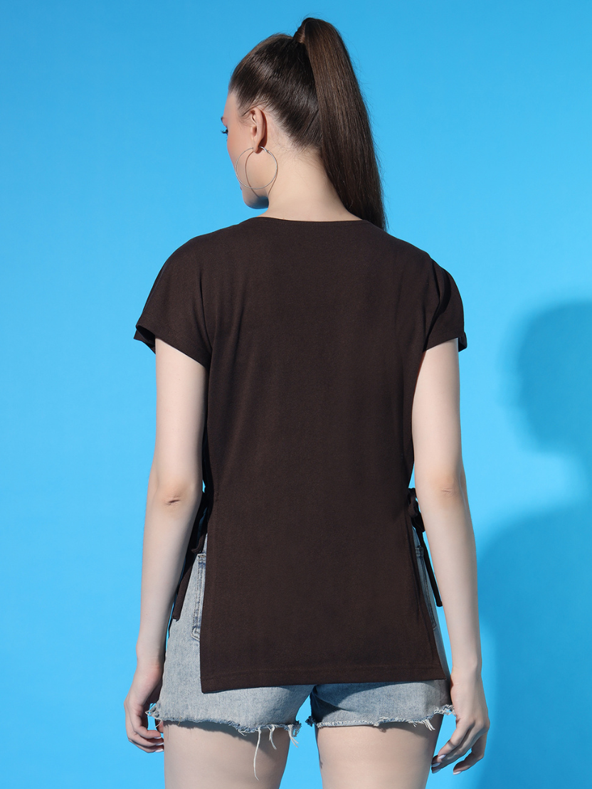 Sthula's Women Brown Solid Cotton Side Cut Top