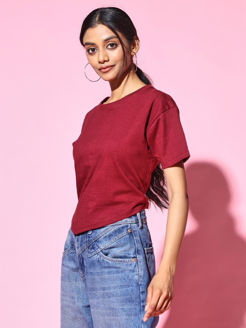 Sthula's Maroon Cotton V-Style T-Shirt for Women