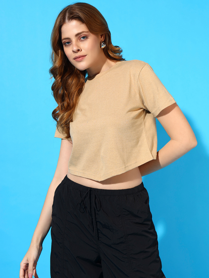 Sthula's cream Cotton V-Style T-Shirt for Women