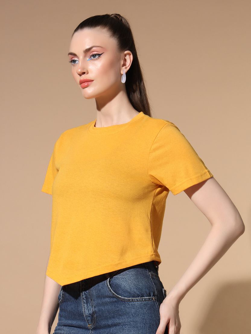 Sthula's Yellow Cotton V-Style T-Shirt for Women