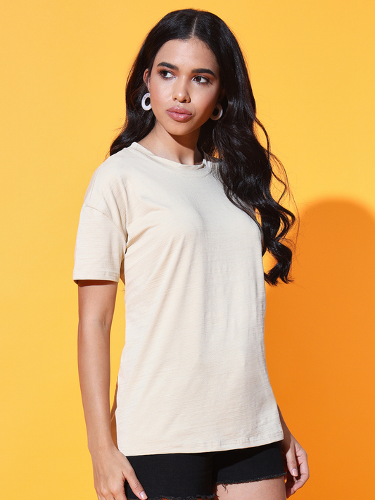 Sthula's Women Off White Solid Viscose Back Cut T-Shirt