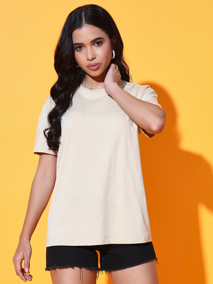 Sthula's Women Off White Solid Viscose Back Cut T-Shirt